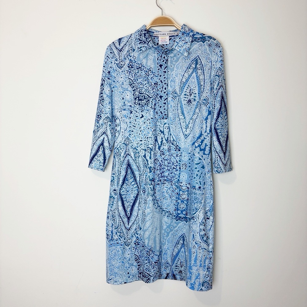 Gretchen Scott Blue White Paisley Stretch Jersey Everywhere Shirt Dress XS